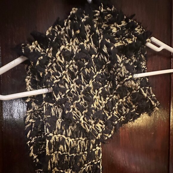 Hand-Knit Black & Shiny Gold Warm, Long Winter Scarf. Statement AND Practicality - Picture 1 of 3
